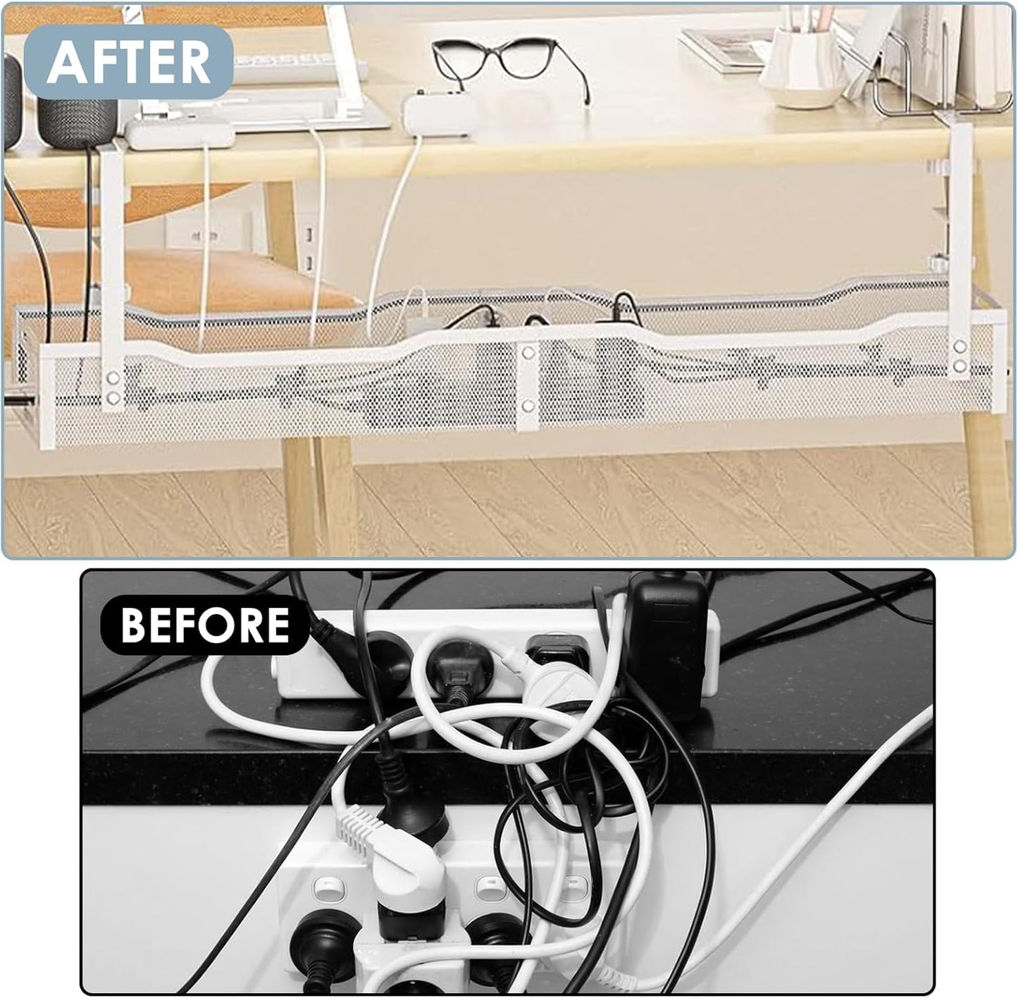 Cable Management, 25'' Cable Management Under Desk No Drill, Metal Cord Organizer with Clamp for Standing Desk, Cable Organizer for Home Office, Black