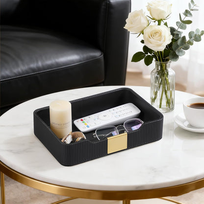 Valet Tray Desktop Storage Organizer, PU Leather Catchall Bedside Vanity Tray with Brass Accents Block Nightstand Organizer for Keys Watch Wallet Phone, Decorative Nightstand Storage (Green)