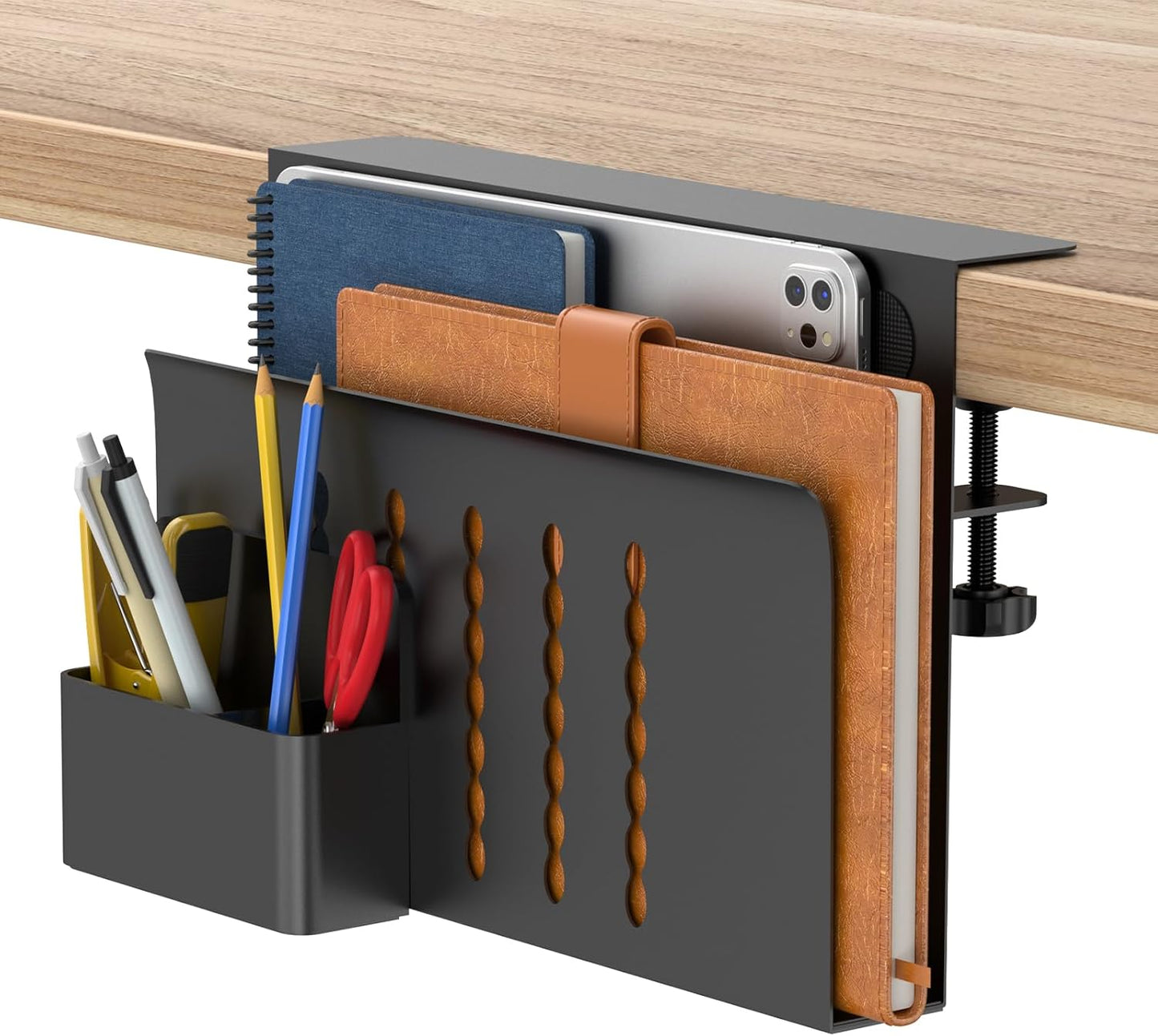 HAMOPY Desk Side Storage, Single-Layer Steel Hanging Desk Organizer with Magnetic Pen Holder, No Drilling Desk Drawer Cable Management Tray, Under Desk Laptop Holder for Office, School&Home(White)