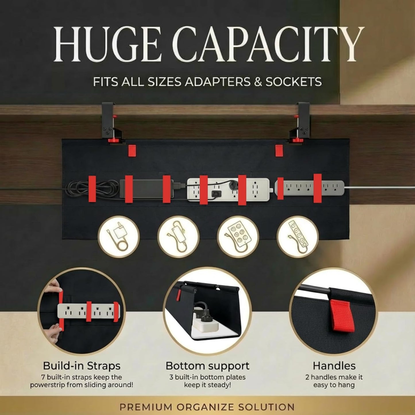 Under Desk Cable Management No Drill – 36" L x 6" W Cord Organizer, Upgraded Silicone Pads (No Scratch), 16 Cable Slots, Washable PE Honeycomb Base, Fits Desks 0–2.1" Thick, Black