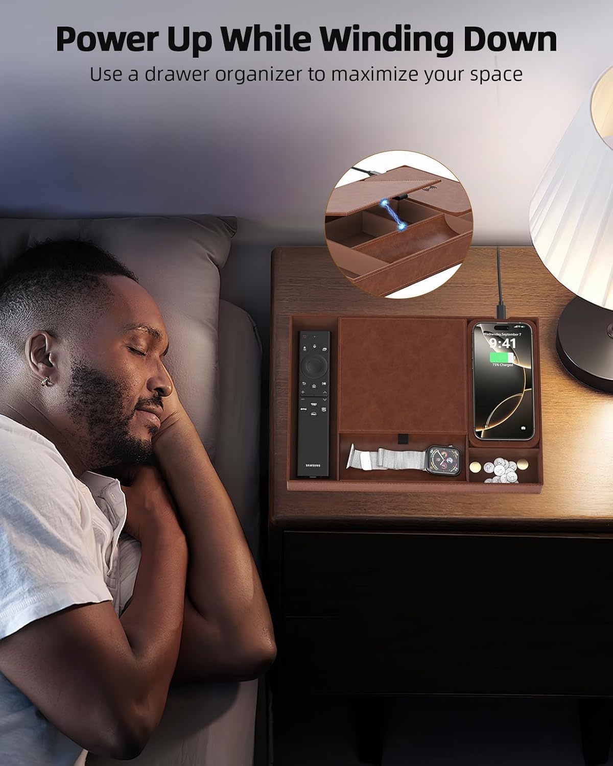 Valet Tray, Built in Wireless Charging Pad, Nightstand Organizer, Dresser Organizer, Mens Jewelry Box, Valet Charging Station, Faux Leather Valet Tray for Men and Women (Black+Wireless)