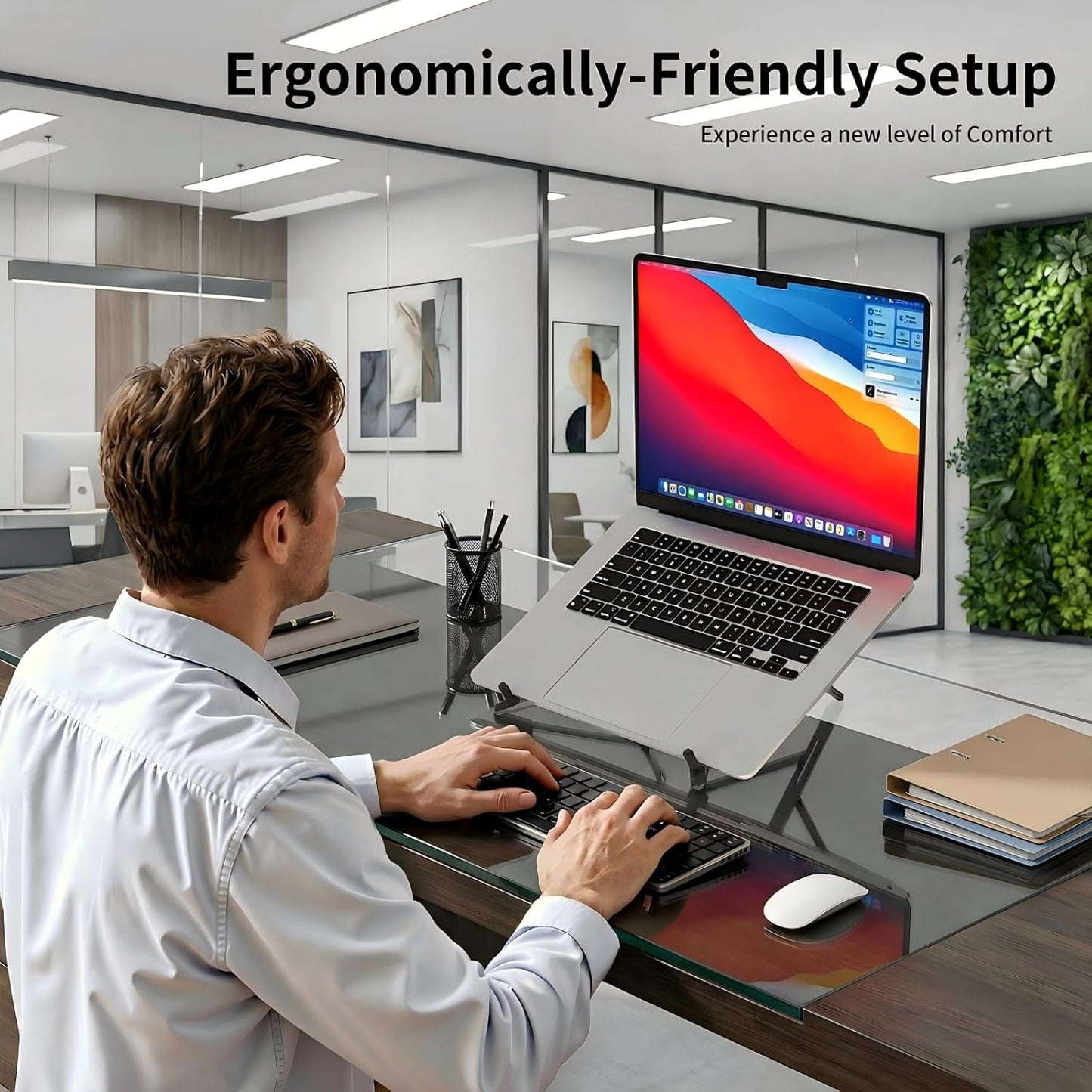 Adjustable Laptop Stand for Desk with Magnetic Phone Holder, MagSafe Compatible Portable Foldable Computer Riser for MacBook, iPhone, iPad, Tablet - Perfect for Office, Home, Traveling