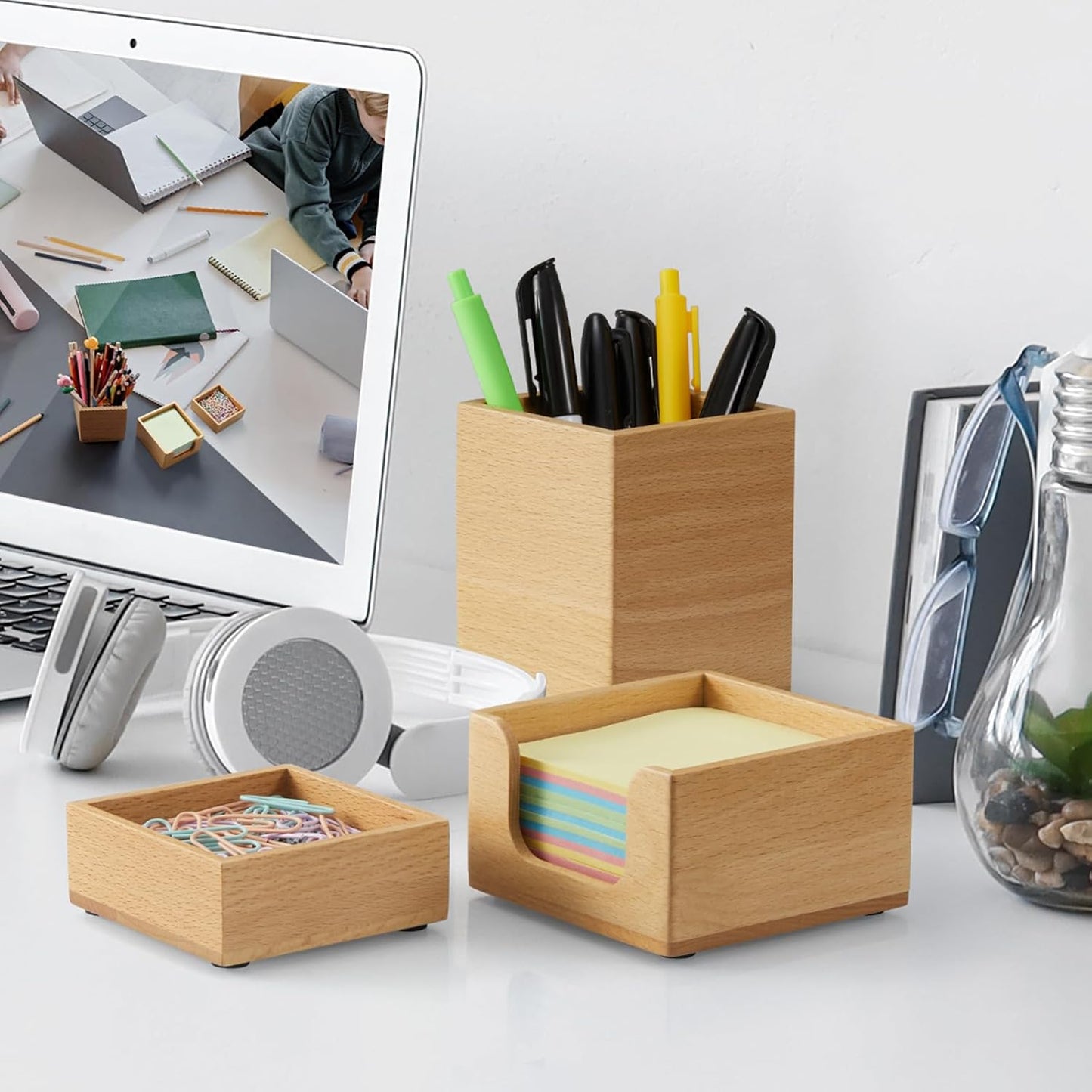Desk Organizer Set of 3 - Bamboo Office Desk Accessories - Desk Organizers and Accessories for Women Men - Set incl. Pencil Pen Holder, Paperclip Storage and Sticky Note Holder