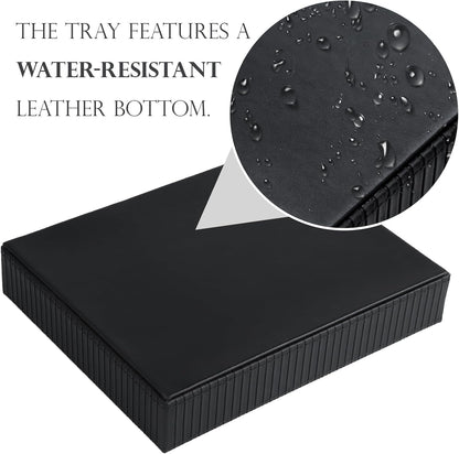 HofferRuffer Faux Leather Vanity Tray, Elegant Desktop Storage Organizer, Decorative Catchall for Perfume, Bathroom Valet, Nightstand or Dresser, Black, 10.2 x 8.4 x 1.8 Inches
