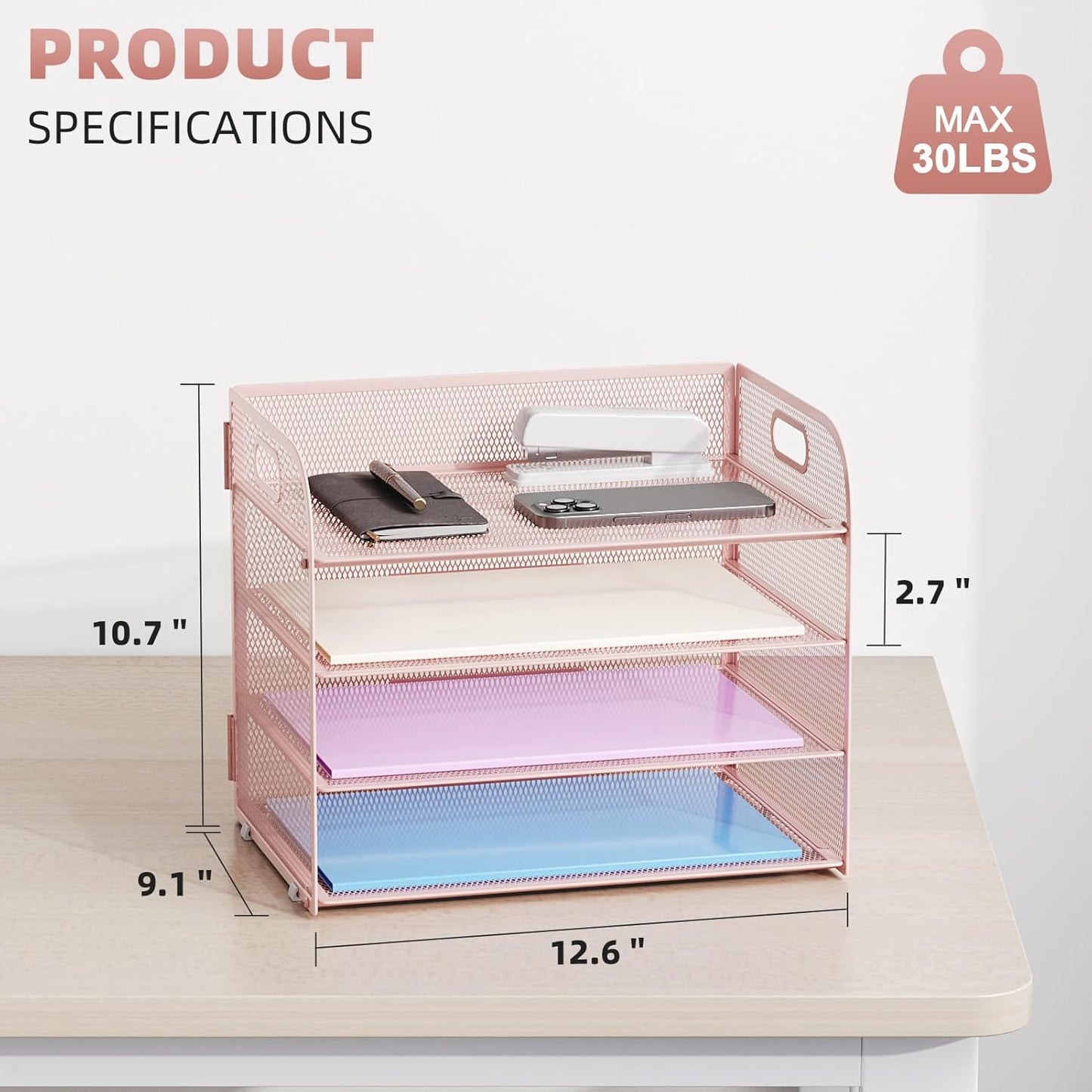 Marbrasse 4 Tier Paper Organizer Letter Tray - Mesh Desk File Organizer with Handle, Paper Sorter Organizer for Letter/A4 Office File Folder Holder (Black, 12.6" x 9.1" x 10.7")