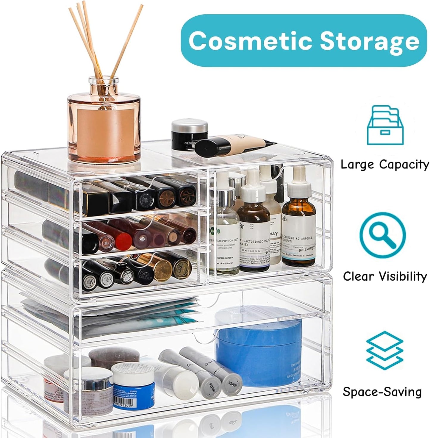 Acrylic Makeup Organizer with 6 Drawers, 11" Stackable Office Desk Organizer Accessories, Clear Bathroom Storage Drawers for Makeup Palettes, Cosmetics, Vanity, Art Craft Supplies