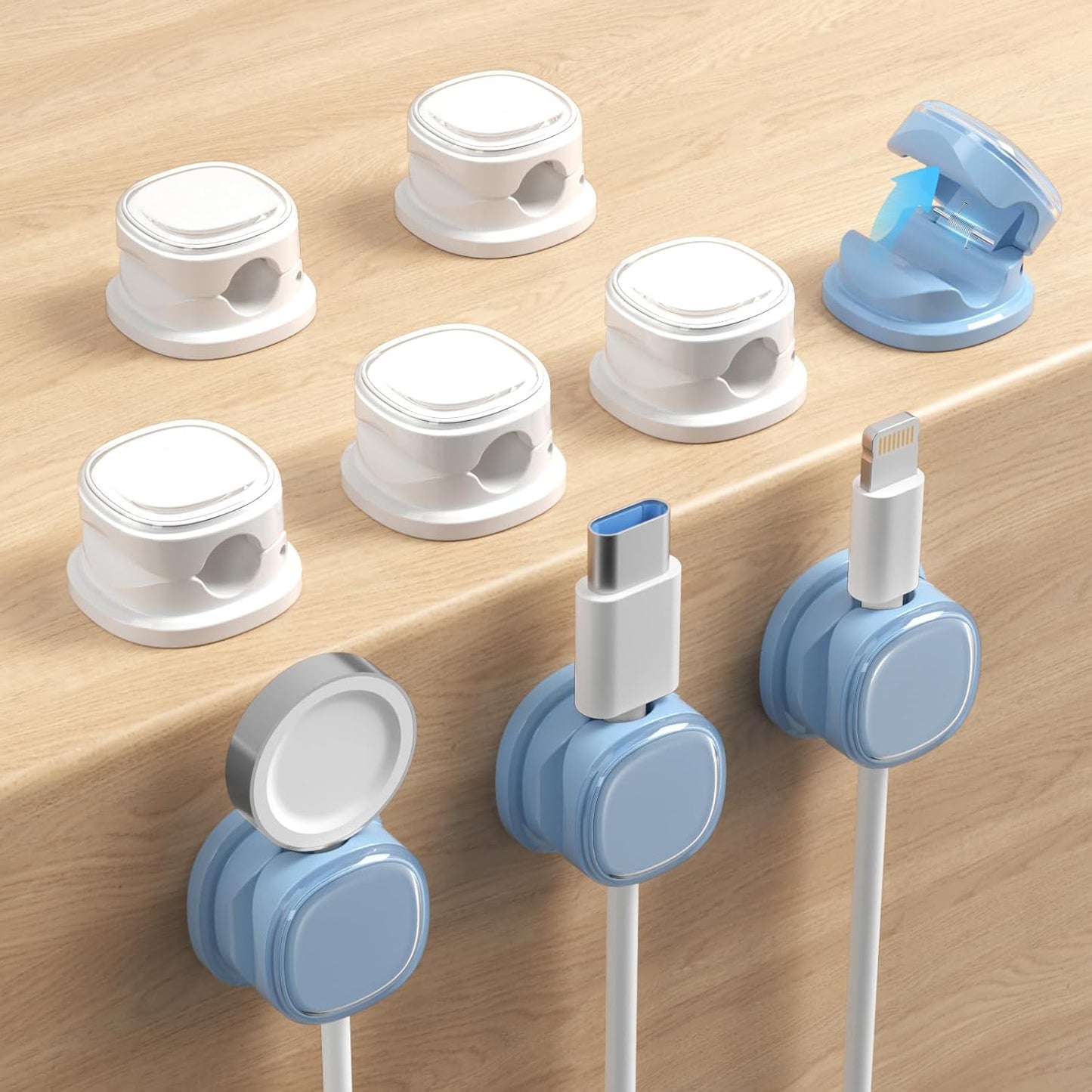 9 Pack Cord Organizer, Spring Cable Management, Adhesive Cute Cable Holder Clips, Phone Charger Wire Keeper for Desk Nightstand Car Office (9-Pack White_Orange_Blue)