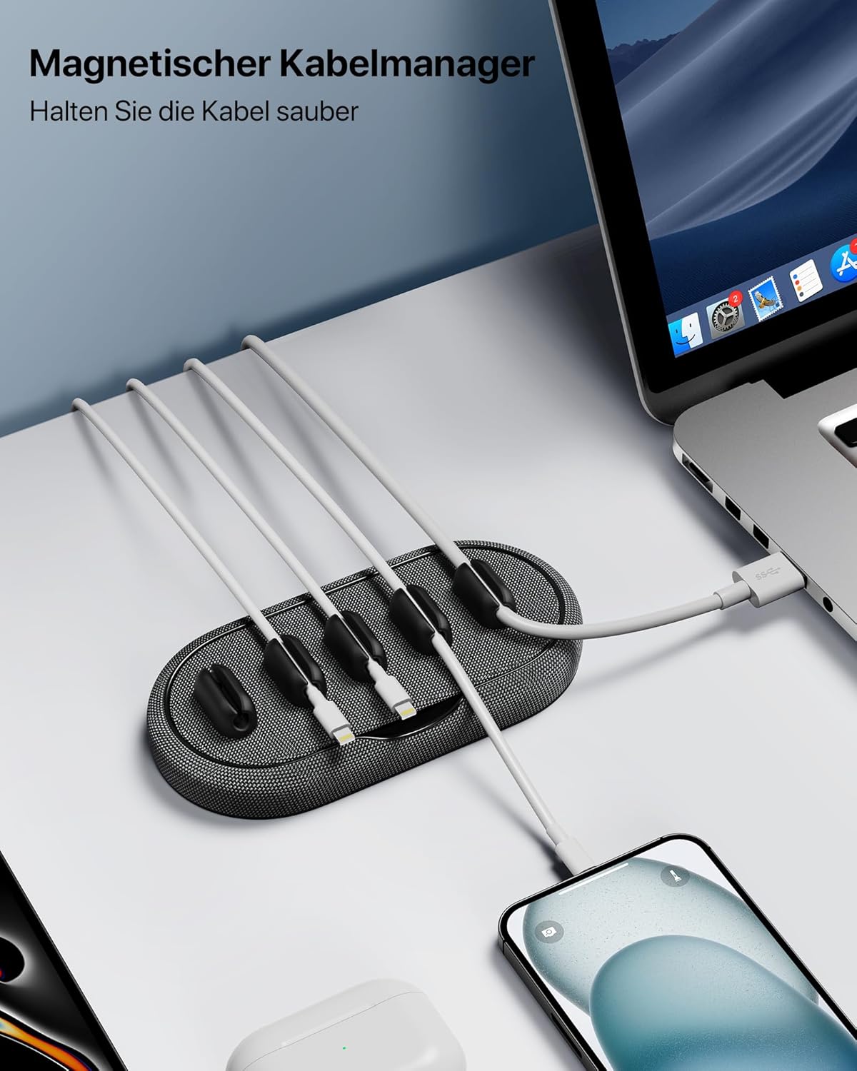 Cable Management, Magnetic Cord Organizer, Desk Cord Holder Wire Keeper with 6 Magnetic Cable Clips, Charger Cord Management for Home Office, Lightning/USB C/Micro Cable, White
