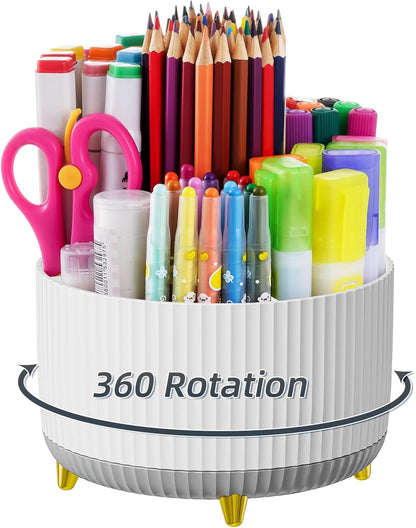 Marbrasse Desk Organizer, 360-Degree Rotating Pen Holder, Desk Organizers and Accessories with 5 Compartments Pencil Holder, Art Supply Storage Box Caddy for Office, Home（White）