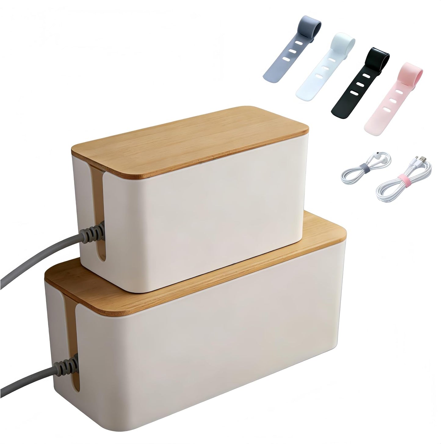1Large+1Small Cable Organizer Set with 4 Silicone Cable Ties, 2-Piece Cable Management Box, Bamboo Lid Cord Organizer for Home Office,Set of Two Cable Box,Cable Organizer Box(Bamboo lid/White)