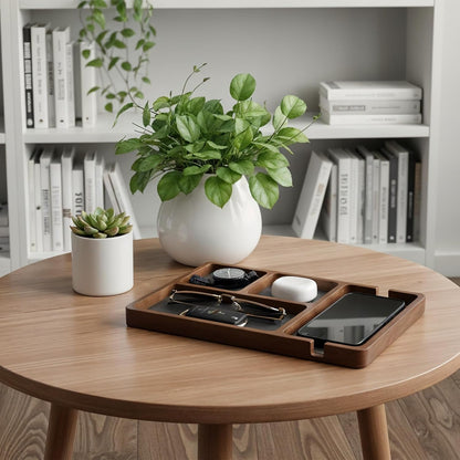 1 Pcs Wooden Valet Tray with Leather Inlay, 11.6 x 7.9 Inch Valet Tray for Men Black Sandalwood Catchall Trays EDC Trays for Nightstand, Desk, Keys, Wallet, Watch, Jewelry, Phone