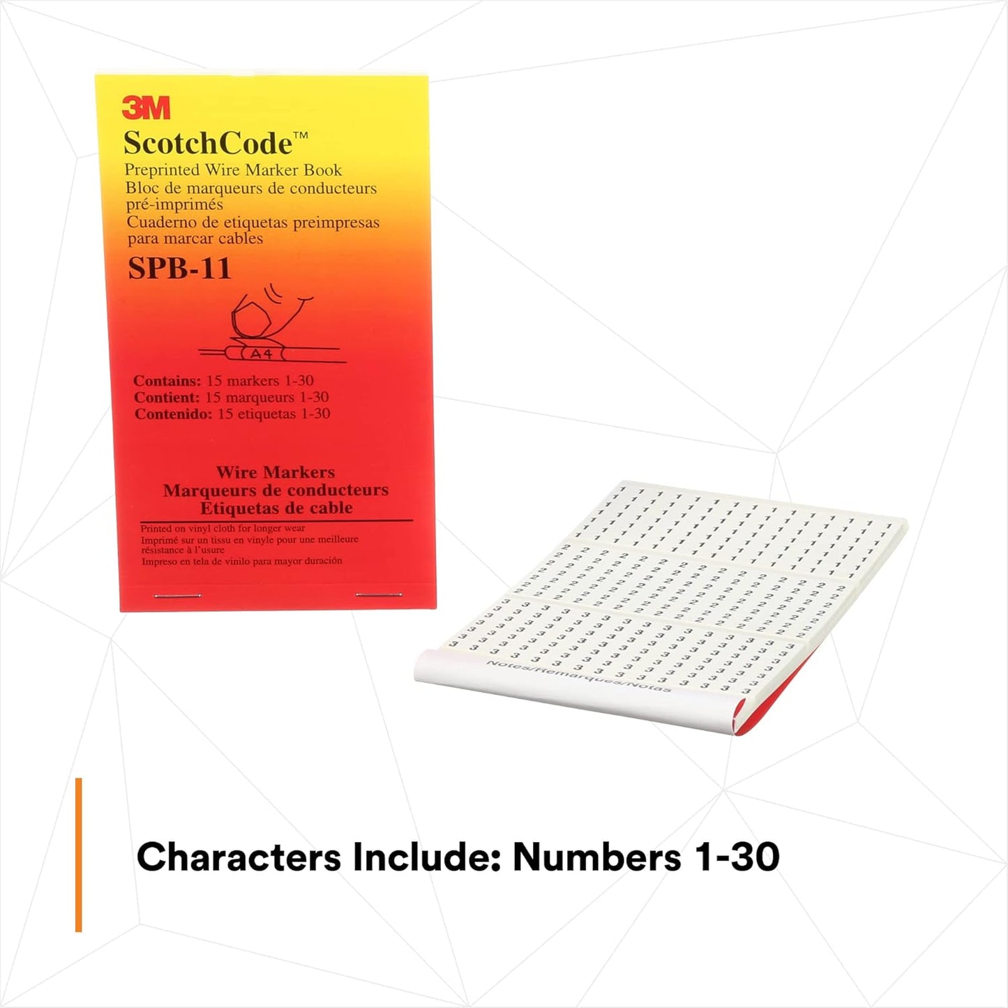 3M ScotchCode Pre-Printed Wire Marker Book SPB-03, Vinyl Coated, Black Printed Numbers (10) each 1–45, White Background Highlights Characters, 1 Book