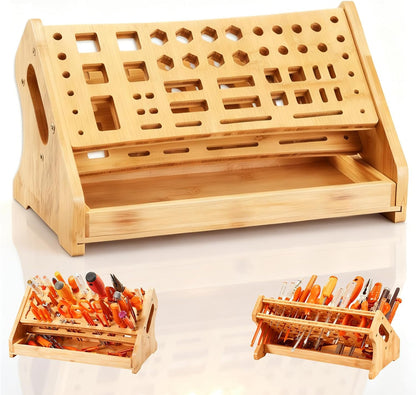 Wooden Screwdriver Organizer,Tool Bench Organizer, Repair Tool Storage Rack for Handicraft Desktop, Multi-functional Bamboo Tool Holder with Drawer