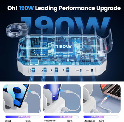 [2026 Upgrade] 190W Fast Charging Station for Multiple Devices【Certified Safer Charging】 6 Port USB Charger Station - Multi-Device Charging Dock with Phone/MacBook/iPad/Tablet (8 Mix Cables Included)