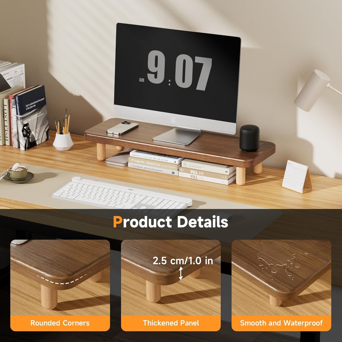 Monitor Stand Riser, 24 Inch Wood Desk Organizer with Monitor Stand & Storage Computer Monitor and Laptop Riser Multifunctional Laptop Stand Desk Organizer for Office Home Screen/Laptop/PC (Light Walnut)