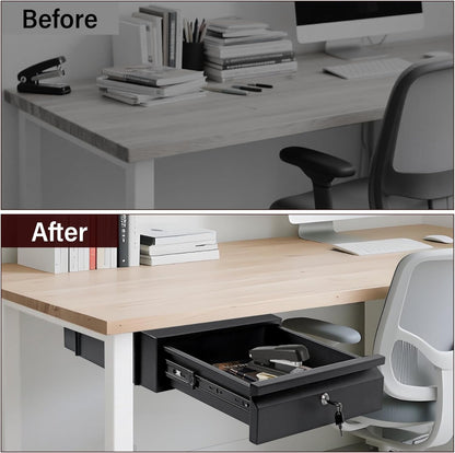 Under Desk Drawer 15.7" x 11.8" x 4.3", Under Desk Pull Out Drawer with Lock and Keys, 4.3” & 7.5” Optional Bracket Height, Storage Organizer for Workbench with Drawers