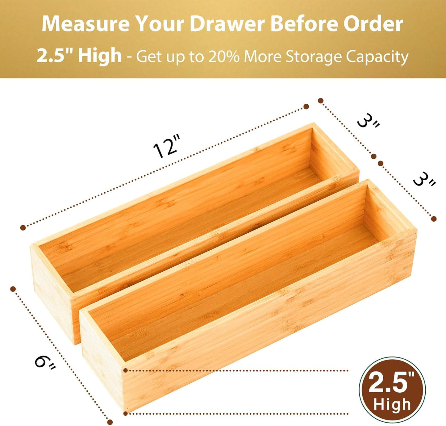 Umilife Bamboo Kitchen Drawer Organizer, Extra High Silverware Tray, Flatware Cutlery Storage Box, Multi-Use Holder in Office, Bathroom, Pantry - 9"x6"x2.5" (Set of 2)