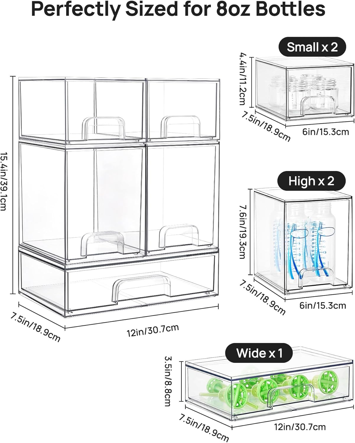 Vtopmart Stackable Storage Drawers Set of 4, Clear Plastic Organizer Bins for Bathroom Supplies,Ideal for Cabinet,Pantry,Laundry Room Organization