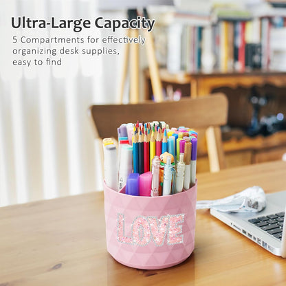 Desk Organizer, 360-Degree Rotating Pencil Pen Holders For Desk, Diamond Pattern Pen Organizer With 5 Compartments, Cute Desk Accessories Decor For Office, School,Home,Art Supply (Pink)