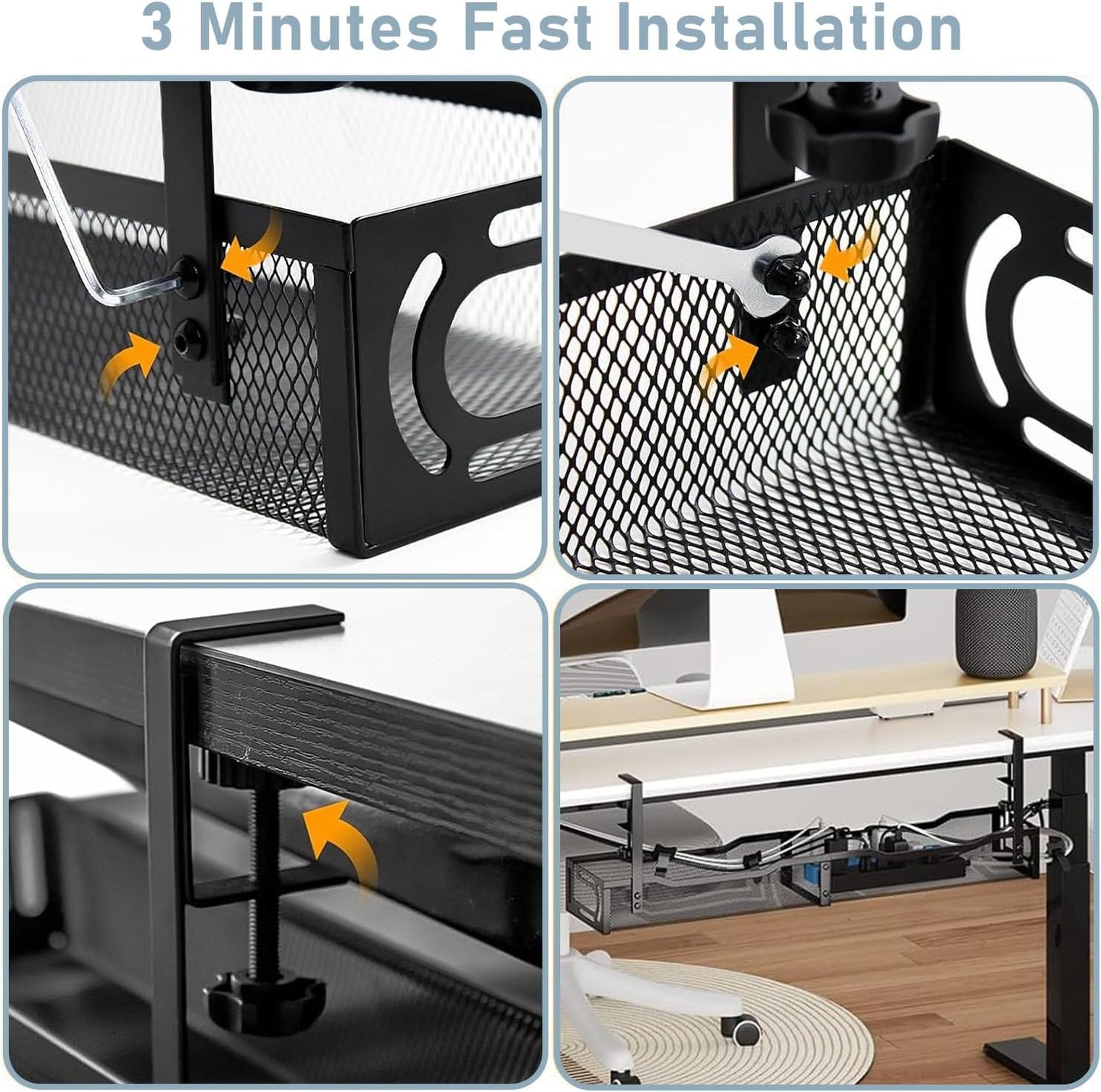 Cable Management, 25'' Cable Management Under Desk No Drill, Metal Cord Organizer with Clamp for Standing Desk, Cable Organizer for Home Office, Black