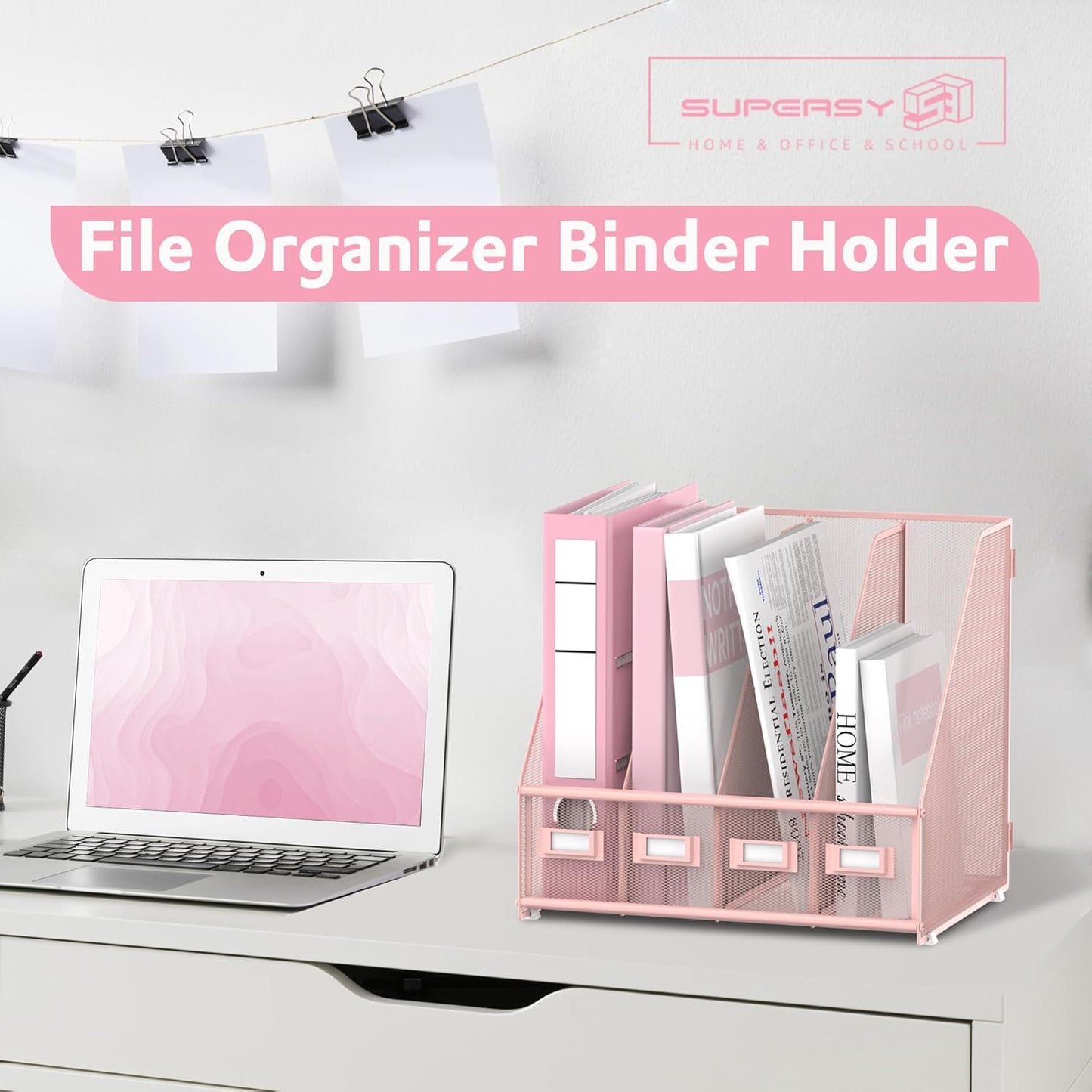 SUPEASY Magazine File Holder, Binder Holder Metal Desk Organizer with 4 Rack Compartments, File Organizer for Office Home School, Black