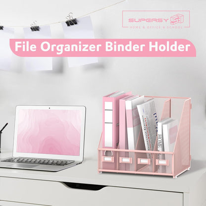 SUPEASY Magazine File Holder, Binder Holder Metal Desk Organizer with 4 Rack Compartments, File Organizer for Office Home School, Black