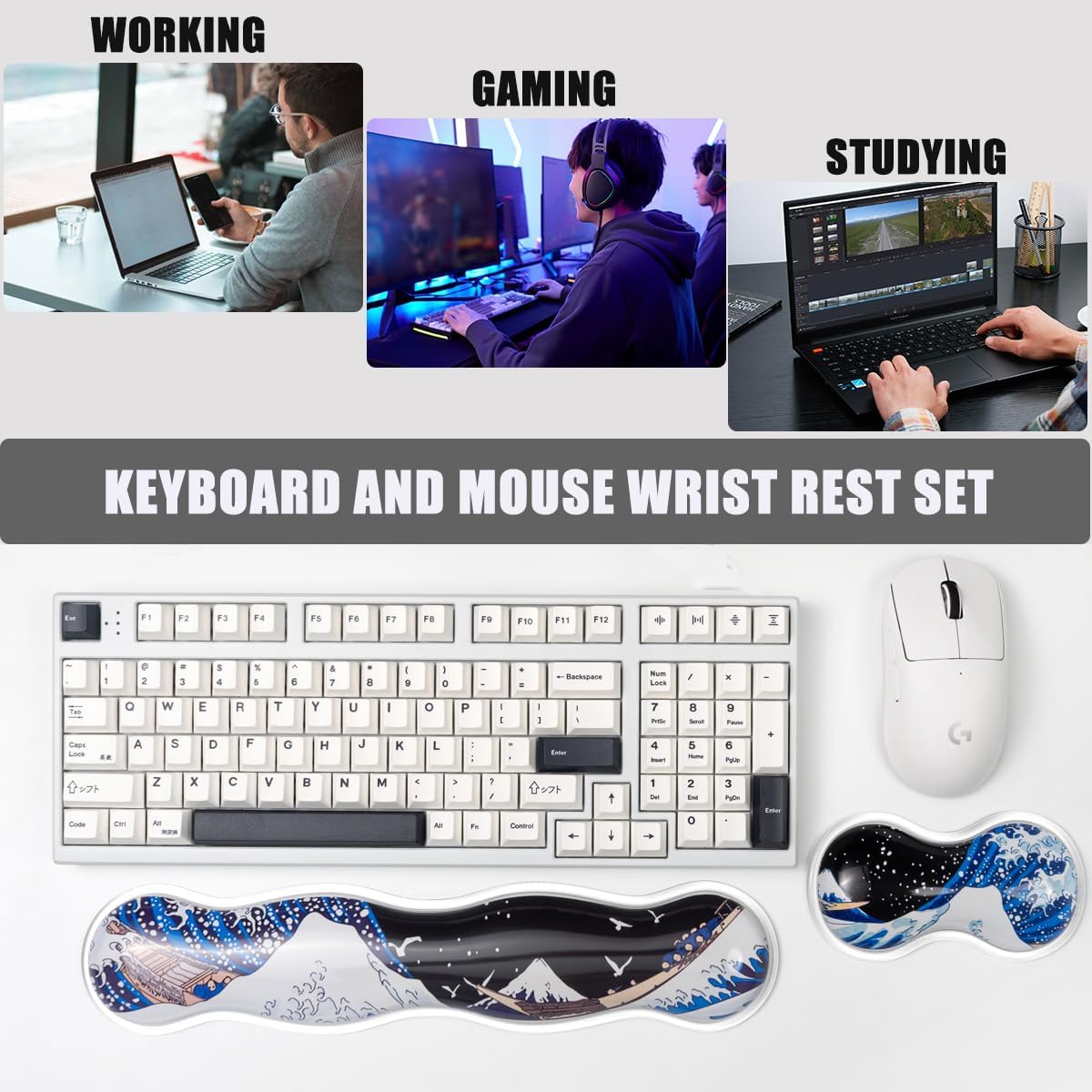 Ergonomic Gel Keyboard and Mouse Wrist Rest Set – Clear Wrist Rest for Computer Keyboard 60%/68%/75%, Comfort & Support for Typing and Gaming (Grey Purple)