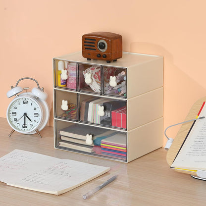 Desktop Storage Drawers, Plastic Desk Organizer with 3 Drawers, Modular Stackable Toolbox Units for Office Stationary, Makeup Container, Bathroom Countertop (1 Tall Layer, Cream & Clear)