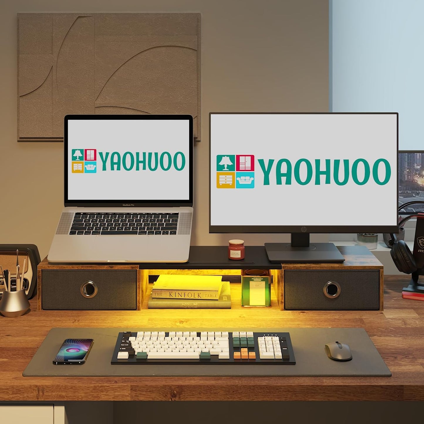 YAOHUOO Dual Monitor Stand with LED Light 2 Drawers, Computer Monitor Riser for 2 Monitors, Large Desktop Organzier with Storage for PC/Laptop/Computer/TV Screen/Printer