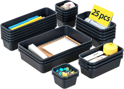 Kutesna 15 Piece Drawer Organizer Set, 3 Size Interlocking Plastic Storage Bins for Office Supplies, Jewelry Makeup Vanity, Bathroom Kitchen, Home Organization Closet, Gadgets Small Items, Black