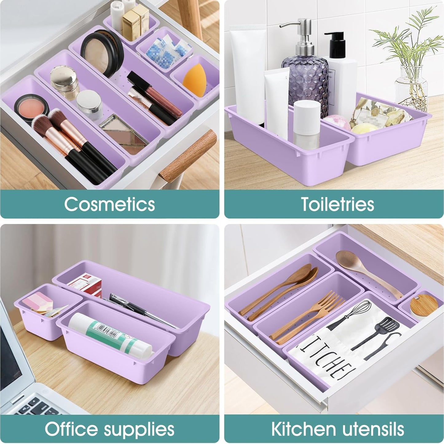 WOWBOX 25 PCS Clear Plastic Drawer Organizer Set, 4 Sizes Desk Drawer Divider Organizers and Storage Bins for Makeup, Jewelry, Gadgets for Kitchen, Bedroom, Bathroom, Office