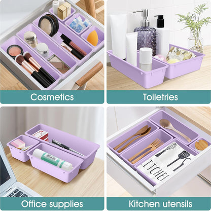 WOWBOX 25 PCS Clear Plastic Drawer Organizer Set, 4 Sizes Desk Drawer Divider Organizers and Storage Bins for Makeup, Jewelry, Gadgets for Kitchen, Bedroom, Bathroom, Office