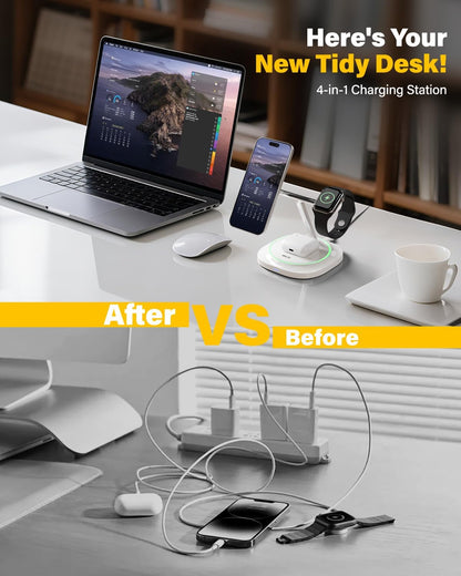 3 in 1 Magnetic Wireless Charger for Apple - Fast Charging Station Compatible with MagSafe for iPhone17-12, Apple Watch& AirPods, Phone and Watch Charger Stand for Desktop Bedside Nightstand (White)
