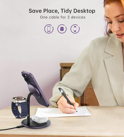 XooFly 3 in 1 Wireless Charging Station for Apple Devices, Fast Wireless Mag-Safe Charger Stand with 20W Adapter for iPhone 17 16 15 14 13 12 Pro Max/Air/Plus/Pro,iWatch,AirPods-Gift for Wife&Husband