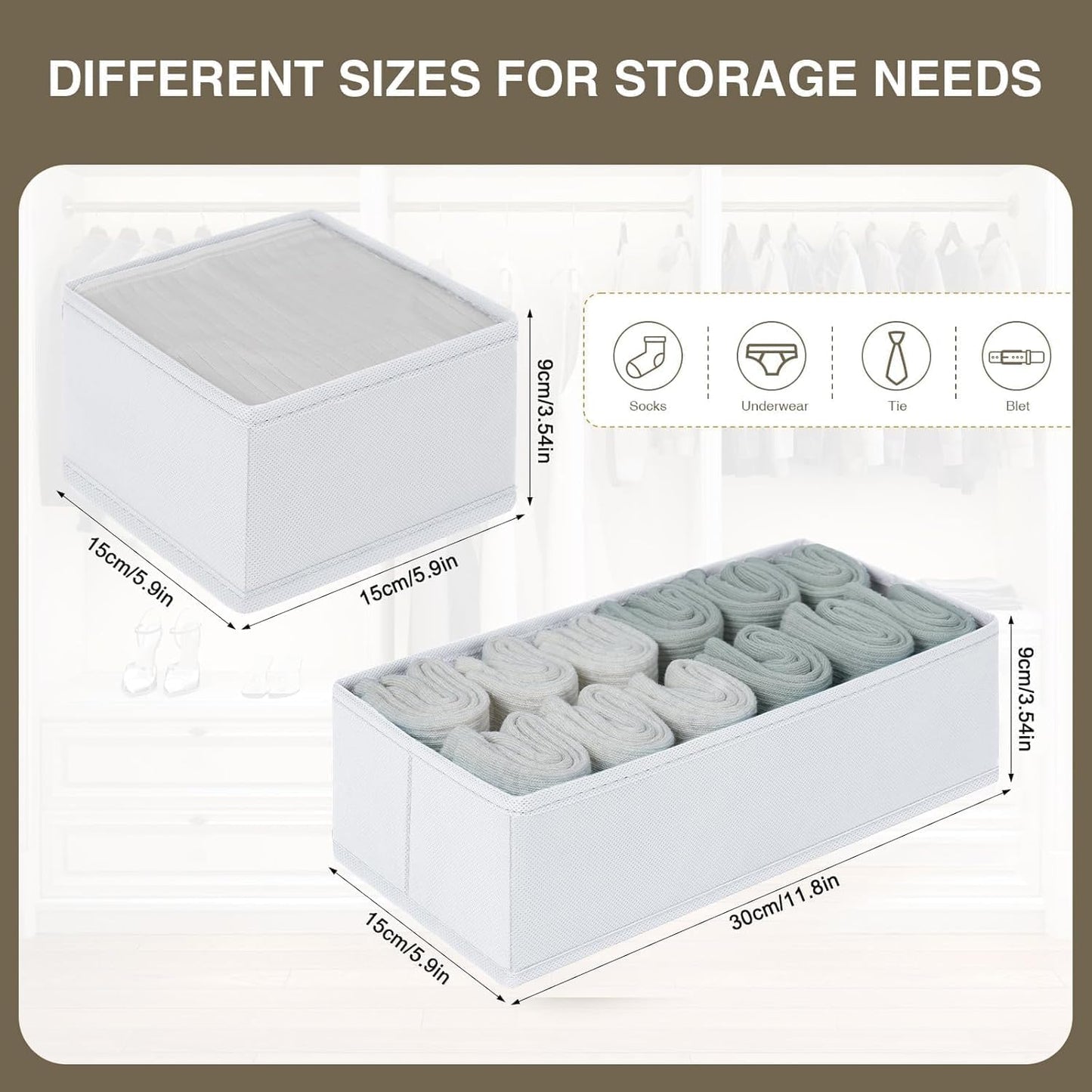 DIMJ Drawer Organizers Clothes, Dresser Organizer Bins for Baby Clothes,Underwear and Sock, Fabric Closet Organization and Storage Boxs, Drawer Dividers for Nursery, Clothing, Tie - 4 Pack, Beige