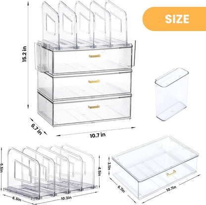 LALOBLUE Acrylic Desk Organizer with Drawer and Vertical File Holder, Desk Organizers and Accessories, Multi-Functional Office Supplies Organizer for Home or Work Desk, White