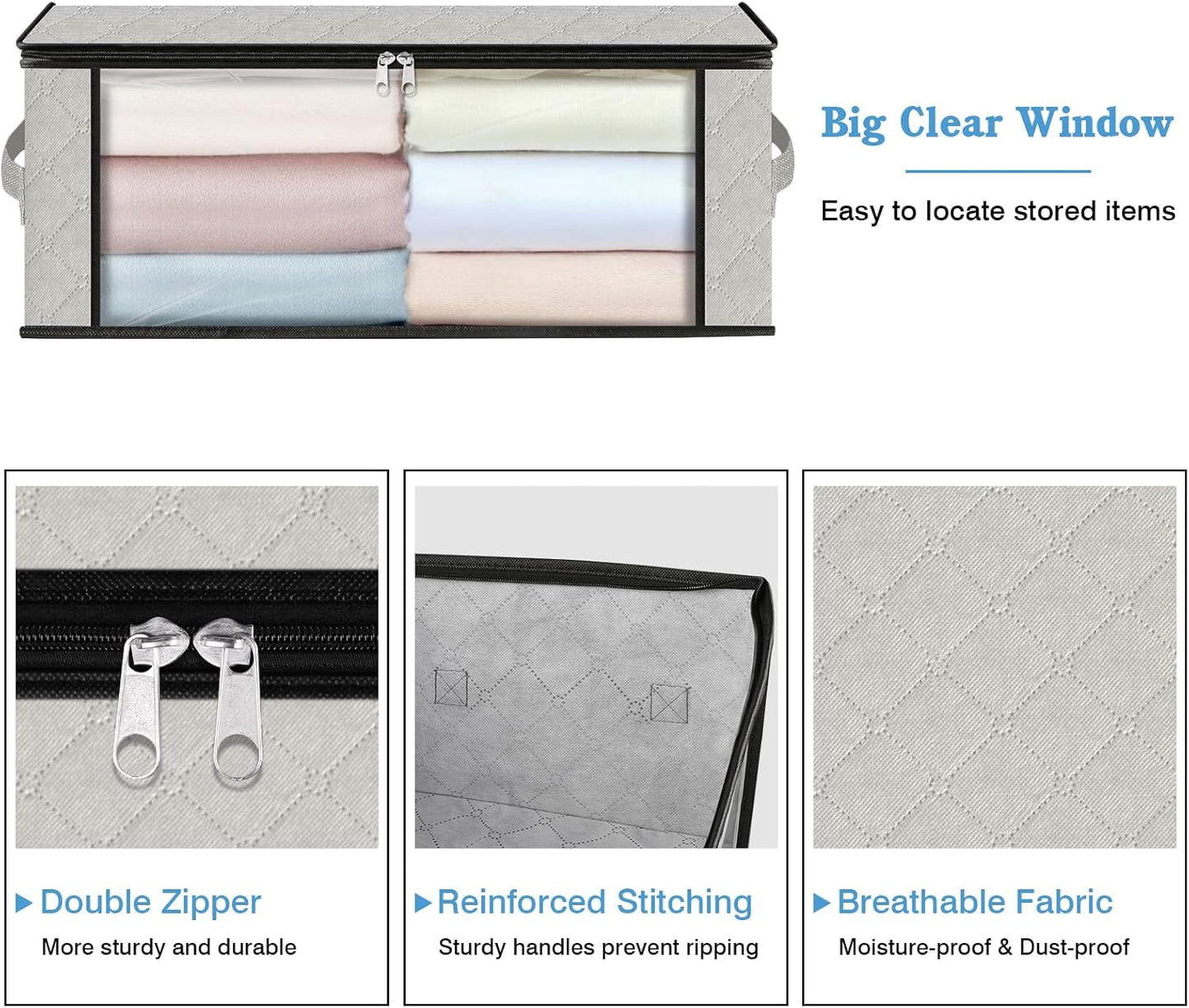 HomeHacks Storage 3-Pack Clothes Organizer Storage Bags Foldable Storage Box with Large Clear Window Sturdy Handles for Closet, Dorm, Pillows, Bedding, Clothes, Blankets, 35L, Gray