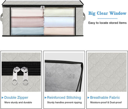 HomeHacks Storage 3-Pack Clothes Organizer Storage Bags Foldable Storage Box with Large Clear Window Sturdy Handles for Closet, Dorm, Pillows, Bedding, Clothes, Blankets, 35L, Gray