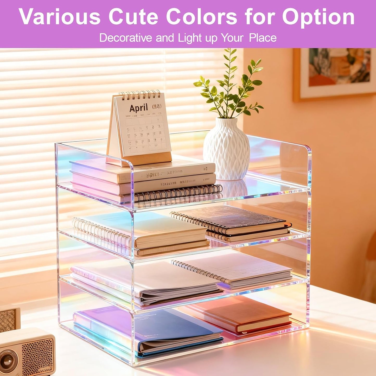 Gelite Acrylic File Organizer for Desk 4 Tiered Stackable Letter Tray Office Paper Storage Desktop Document Sorter, Neon Pink