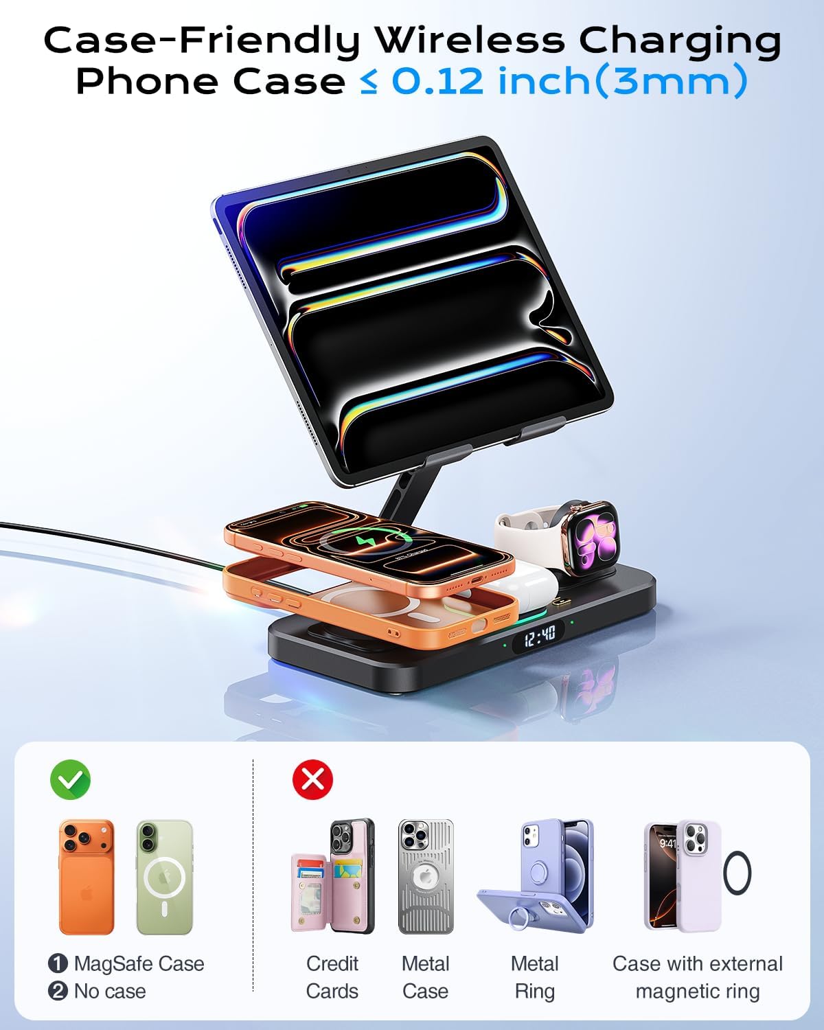 Magnetic Wireless Charging Station with 45W Adapter for Apple Devices, 20W Fast Foldable Wired Charging Stand for iPad with Clock & Night Light, Fast Mag-Safe Charger for iPhone 17, iWatch & AirPods