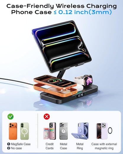 Magnetic Wireless Charging Station with 45W Adapter for Apple Devices, 20W Fast Foldable Wired Charging Stand for iPad with Clock & Night Light, Fast Mag-Safe Charger for iPhone 17, iWatch & AirPods