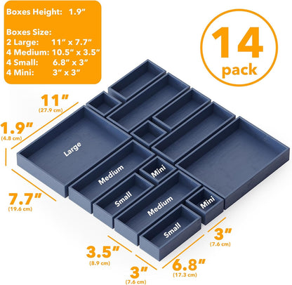 SpaceAid 14-Piece Bamboo Drawer Organizer Storage Boxes Set, Wood Tray Junk Drawer Organizers Multi-Use Divider Bins for Kitchen, Bathroom, Office Desk and Makeup Organization (14 Pack, Natural)