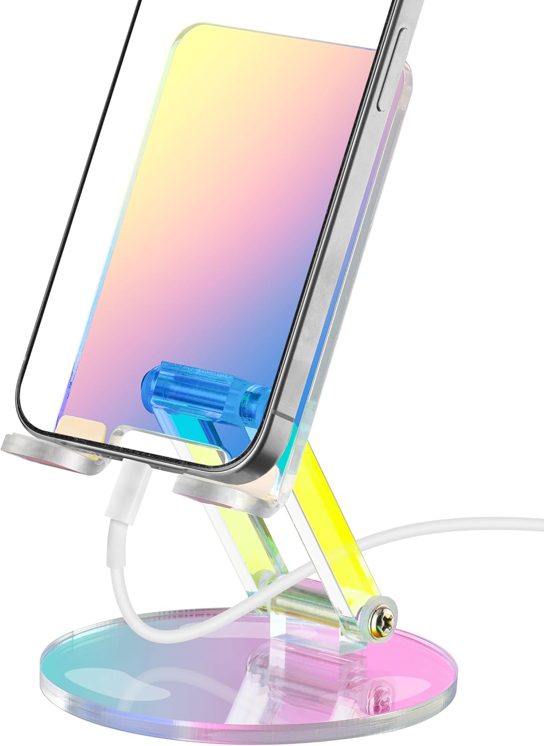 Tomorotec Iridescent Acrylic Cell Phone Stand, Portable Phone Holder for Desk Non-Slip Desktop Smartphones Holder Compatible with iPhone Samsung Galaxy Pixel Phone Cradle Dock Home Office