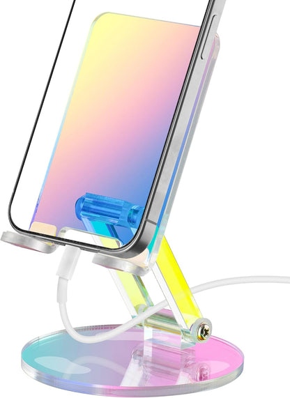 Tomorotec Iridescent Acrylic Cell Phone Stand, Portable Phone Holder for Desk Non-Slip Desktop Smartphones Holder Compatible with iPhone Samsung Galaxy Pixel Phone Cradle Dock Home Office