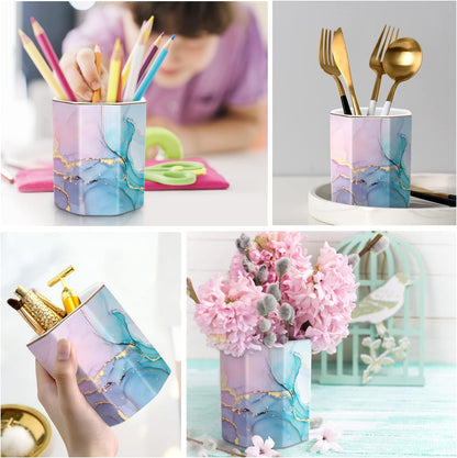 WAVEYU Ceramic Pen Holder for Desk Cute, Pencil Cup Pot Desk Organizer, Makeup Brush Holder for Women, Men, Kids, Desk Marble Decor for Office, Classroom, Home, Gray Golden