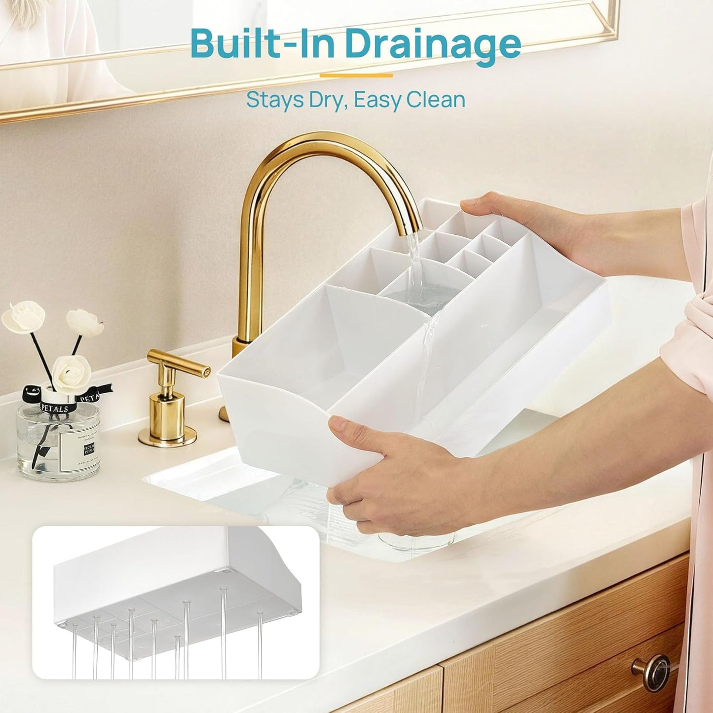 Vtopmart 6 PCS Bathroom Countertop Organizer, 1 Divided Tray with 4 Qtip Holder Jars and 1 Drawers, Restroom Clear Organizers for Toothbrush, Cotton Pads, Vanity Accessories Storage Set