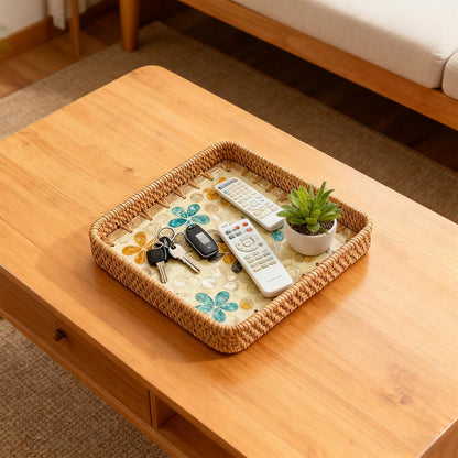 Handwoven Wicker Valet Tray, 8 Inch Square Catch All Organizer for Jewelry, Watches & Keys | Decorative Tray for Nightstand, Desk, Entryway, Coffee Table & Bathroom Counter