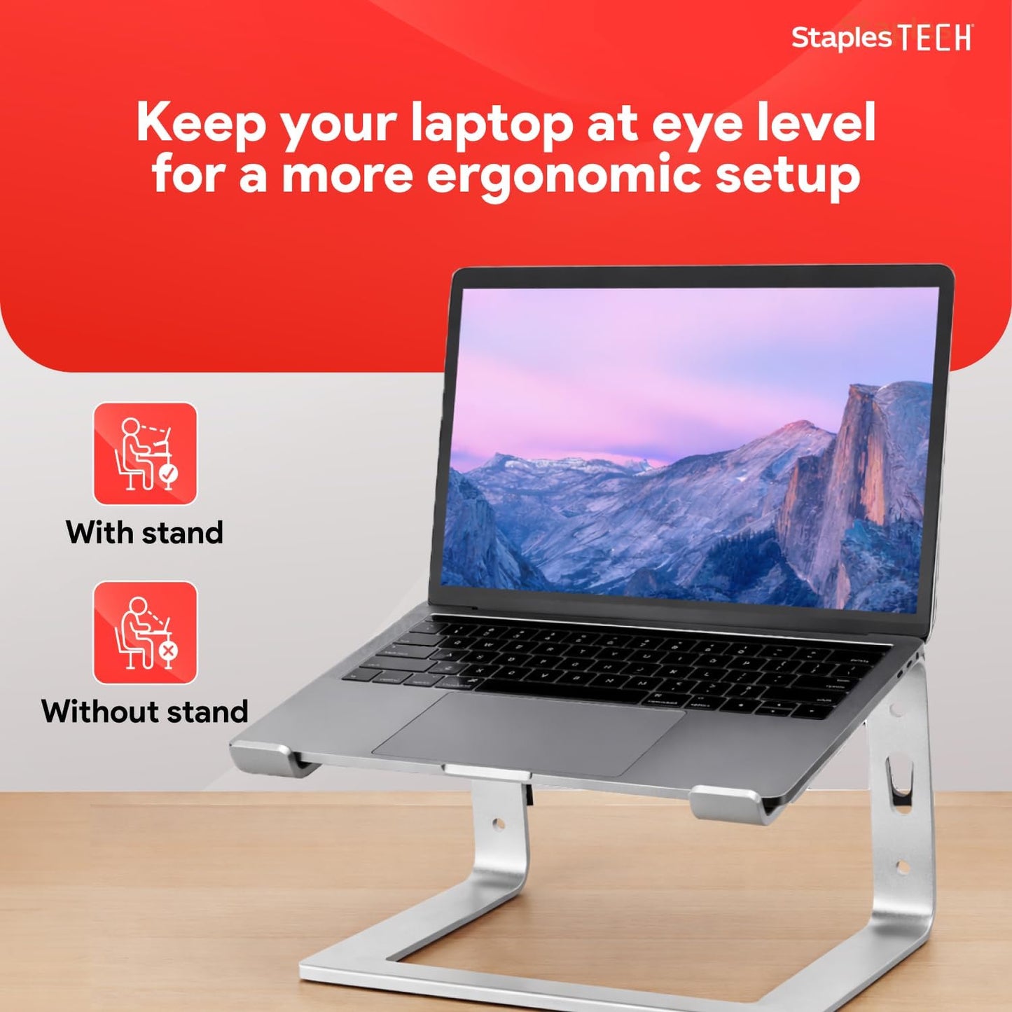Staples TECH Adjustable Aluminum Laptop Stand – Fits 11"–17" Laptops, Ergonomic Eye‑Level Riser with Ventilated Cooling & Anti‑Slip Base, Silver