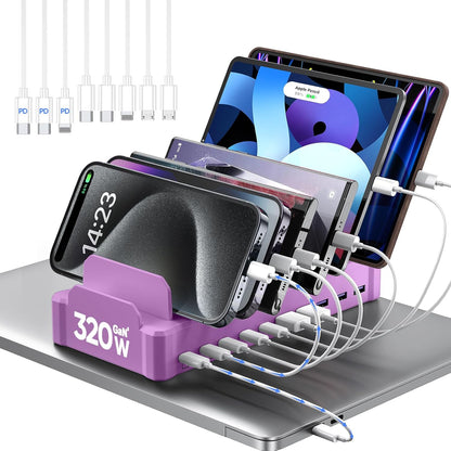 420W Charging Station for Multiple Devices, Zobirez 10-Port USB C Fast Charger Stations for MacBook, iPhone, Android Cell Phone, iPad, Tablet, Family Multi-Device Organizer Charging Dock, Black