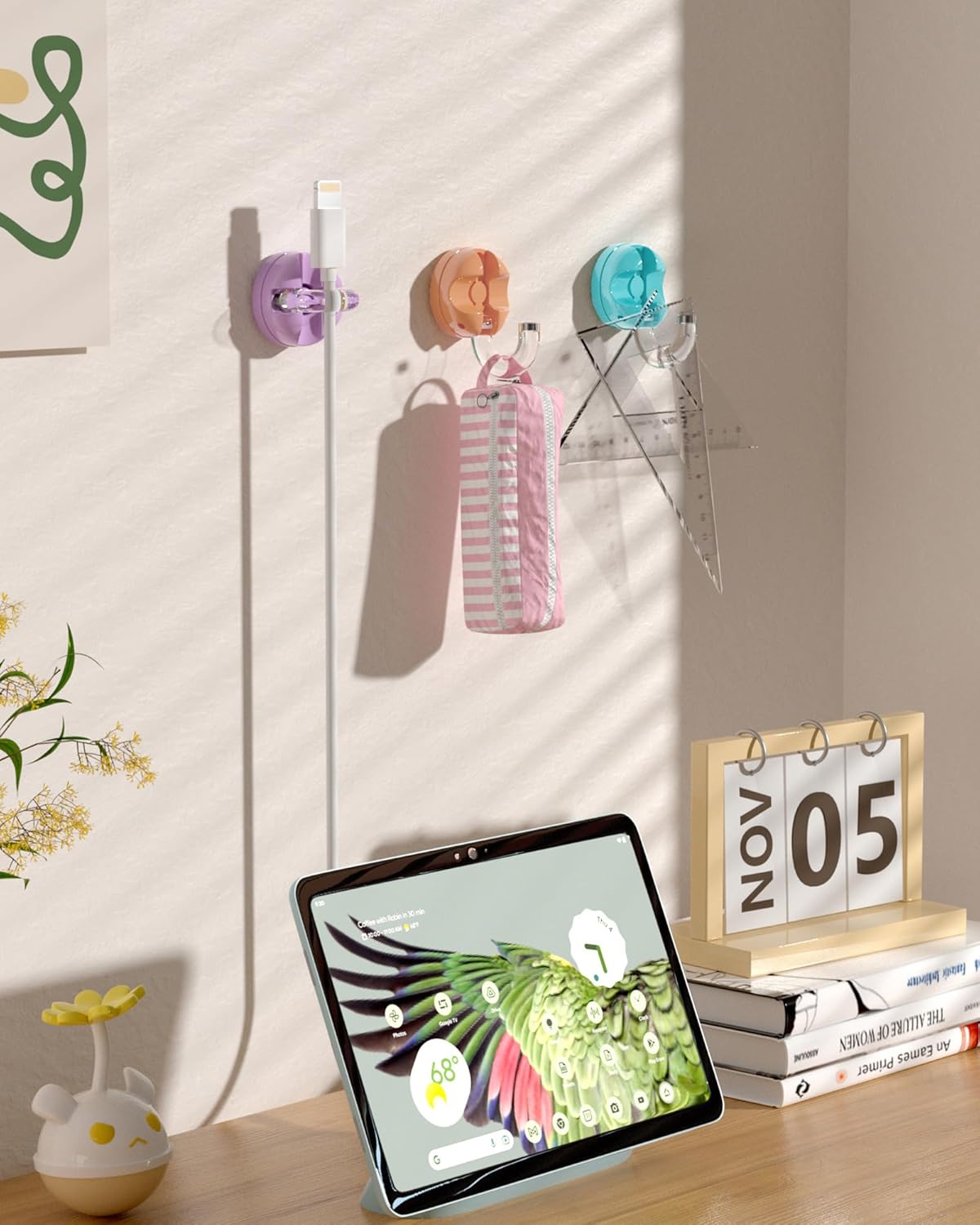 Rotatable Magnetic Cable Clips, Smooth Adjustable Cord Holder, Under Desk Cable Management, Adhesive Charging Wire Holder Keeper Organizer for Office Nightstand Wall (6-Pack Purple-Orange-Cyan)